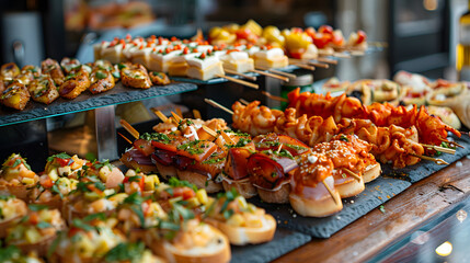 Pinchos and tapas typical of the Basque Country, Spain. Selection of different types of foods to choose from