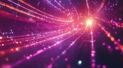 Naklejka premium Cosmic Speed: Abstract streaks of vibrant pink and orange light converge towards a radiant core, creating a dynamic and energetic visual. Perfect for illustrating concepts of speed, energy.