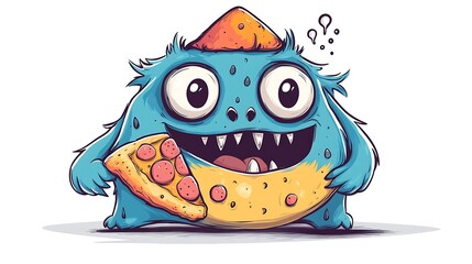 Playful monster enjoying pizza cartoon style whimsical environment