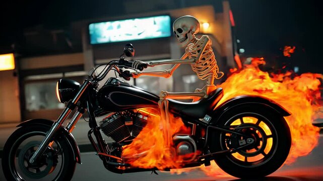 A flaming skeleton rides a motorcycle through the night, engulfed in fire. The dark background enhances the dramatic effect, creating a thrilling and intense atmosphere