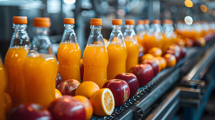 production of juice from fruits and berries at the factory, conveyor with bottles of juice