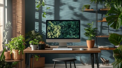 Mockup of computer monitor on desk in contemporary minimalist home office with plants