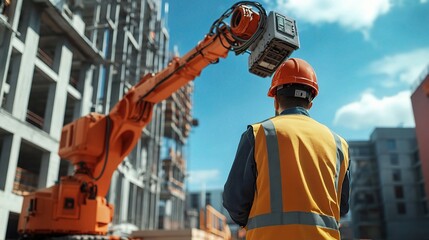 Engineer Overseeing Robotic Bricklayer at Construction Site