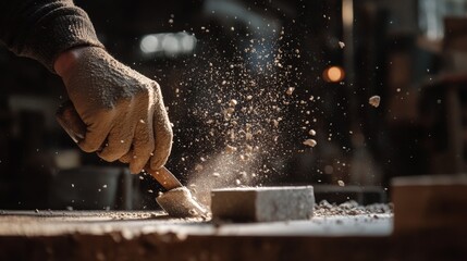 Close-up of a hand using a chisel to shape stone, dust particles flying.