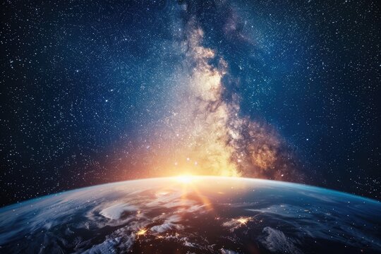 Starry night sky collage with space and education items.