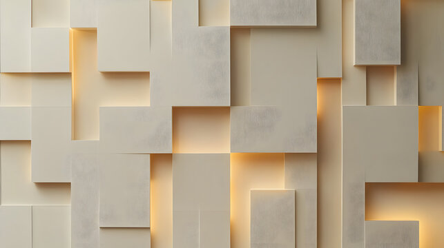 pale beige wall featuring subtle geometric patterns and illuminated sections creates modern and stylish ambiance. This design adds depth and texture to any space