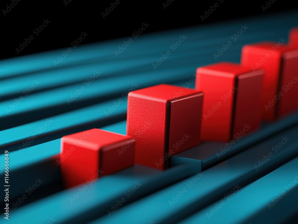 Poster a visually striking image of red blocks arranged in varying heights against a contrasting teal backg