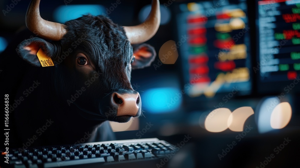Poster a bull's head is shown in front of a computer screen displaying stock market data, symbolizing finan