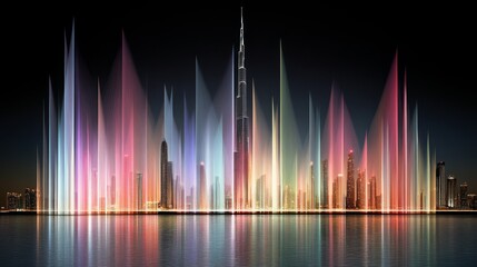 Colorful Night Lights and Water Fountain Display in Front of Modern Skyscrapers with Reflection on Calm Water Surface at Dubai Marina