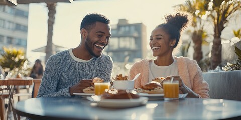 photo of happy black couple eating brunch
