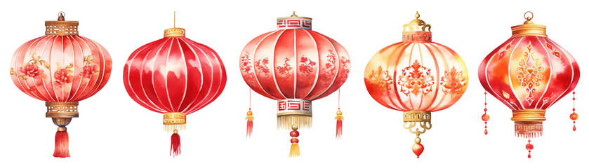 PNG Traditional vibrant red lanterns decor, isolated element set, transparent background