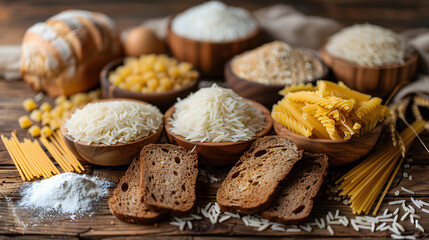 Fototapeta premium Selection of dry carbohydrate foods such as white bread, various types of pasta, and different kinds of rice displayed on a wooden table