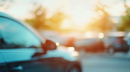 Naklejka premium Blurred View of Parked Cars Near Shopping Mall at Sunset