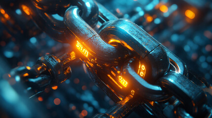 Post apocalyptic blockchain future glowing chains Bitcoin illuminating devastated cityscape resilience technological persistence hacker data money finance connection link invest global fiction sci-fi