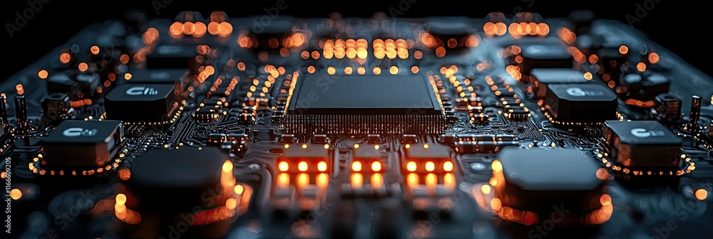 Poster close-up of a circuit board with glowing components, showcasing technology and design.