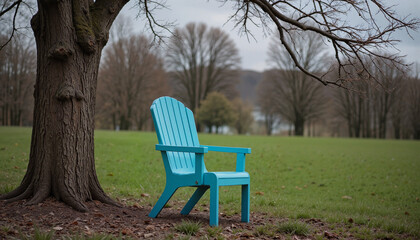 Blue Adirondack chair under tree in a peaceful park