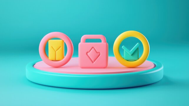 academic illustrations diagram concept. Three colorful, abstract icons represent security, communication, and verification against a vibrant background.