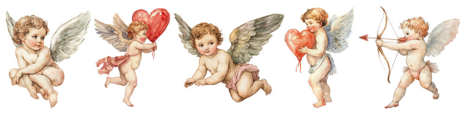 PNG Cherubs with hearts and wings, isolated element set, transparent background