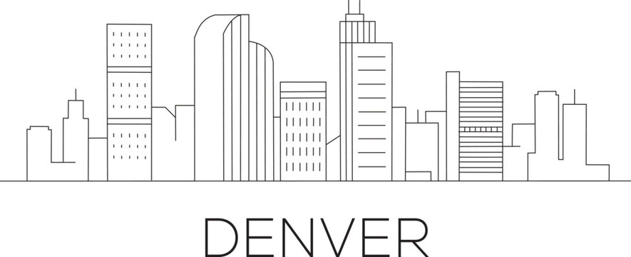 Simple line art depicts Denver's skyline
