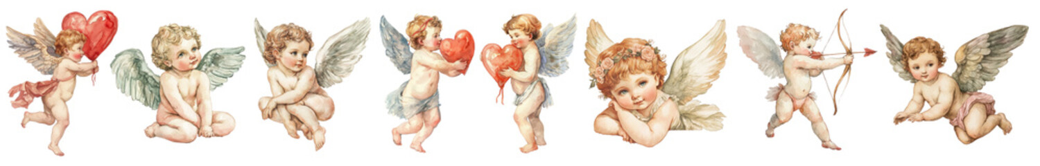 Fototapeta premium PNG Vintage cherubs with hearts, isolated element set, transparent background