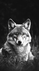 Obraz premium A striking black and white portrait of a wolf, showcasing its intense gaze and fur texture.