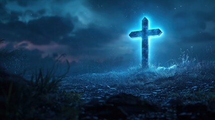 Glowing Cross in Night Landscape