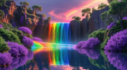 "Design a surreal and enchanting waterfall scene where vibrant, multicolored streams of water cascade down rugged cliffs, glowing with the colors of a rainbow. The waterfall's luminous...