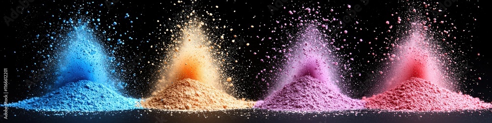 Poster colorful powders are arranged in mounds, creating a visually striking display of vibrancy.