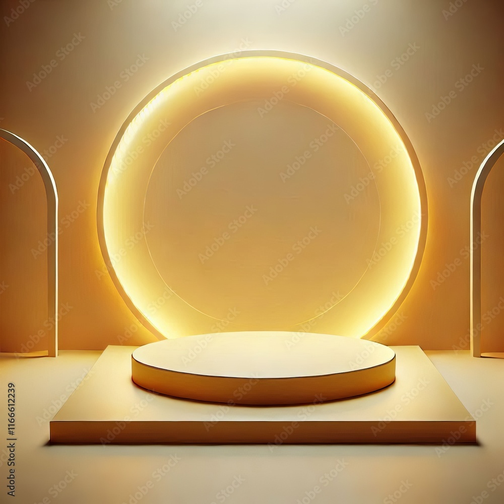 Poster golden 3d podium with round glass sphere on stage in a minimalist design with glossy patterns