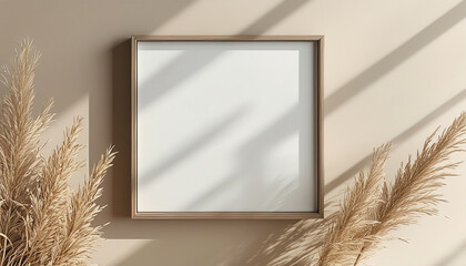 Modern minimalist interior mockup, Blank square frame on beige wall with pampas grass.  Perfect for art, design, or branding presentations.