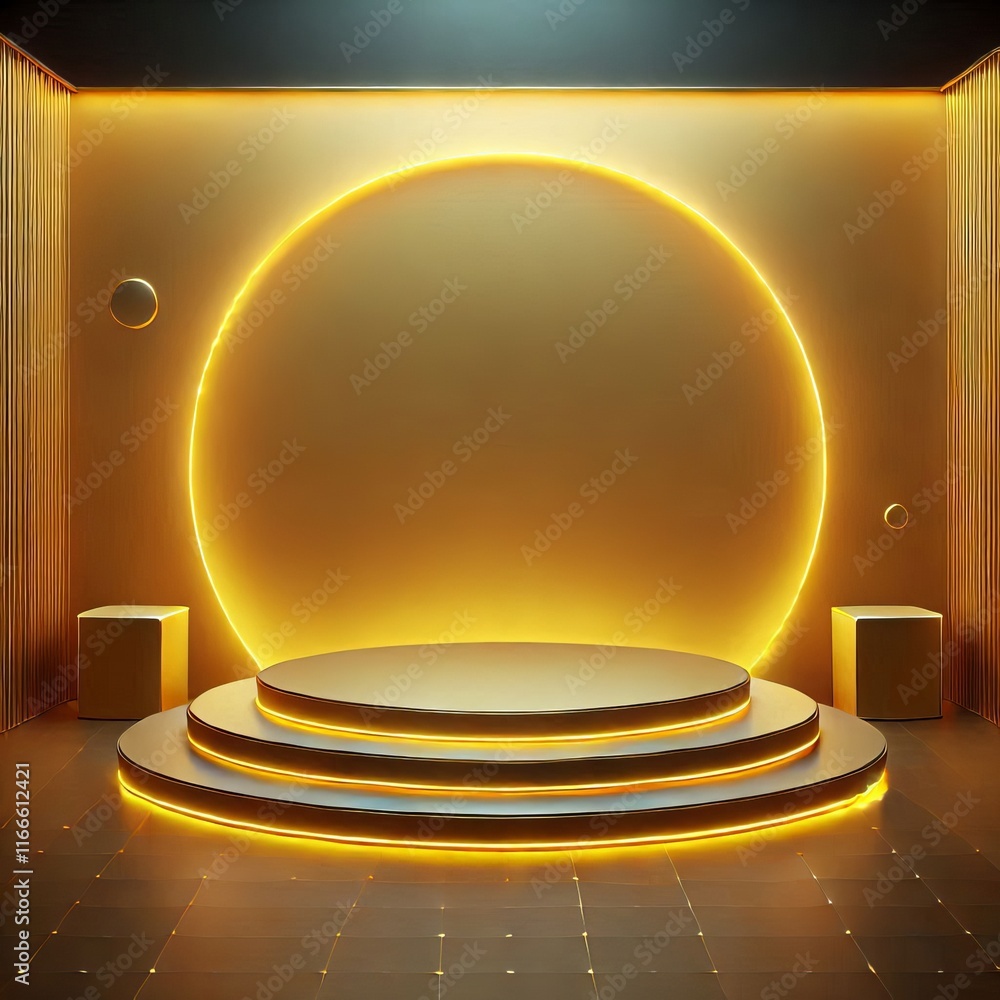 Poster golden 3d podium with round glass sphere on stage in a minimalist design with glossy patterns