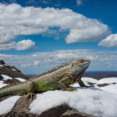 Fototapeta premium An iguana basking on a snow-kissed rock with a vibrant blue Amazon sky stretching endlessly above.