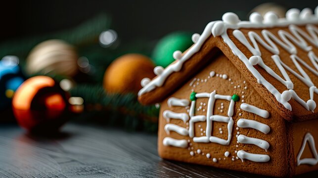 A beautifully crafted gingerbread house decorated with white icing and set against a festive background of colorful ornaments.