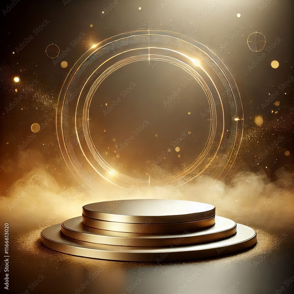 Poster golden 3d podium with round sphere on stage in a minimalist design with glossy patterns