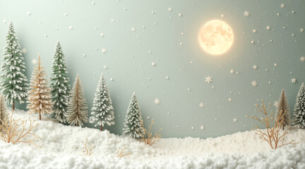 Naklejka premium miniature snow-covered evergreens under a luminous moon