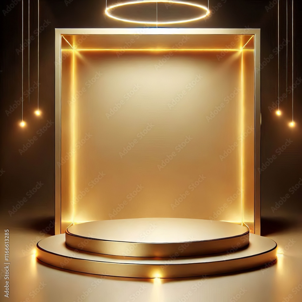Poster golden 3d podium with square on stage in a minimalist design with glossy patterns
