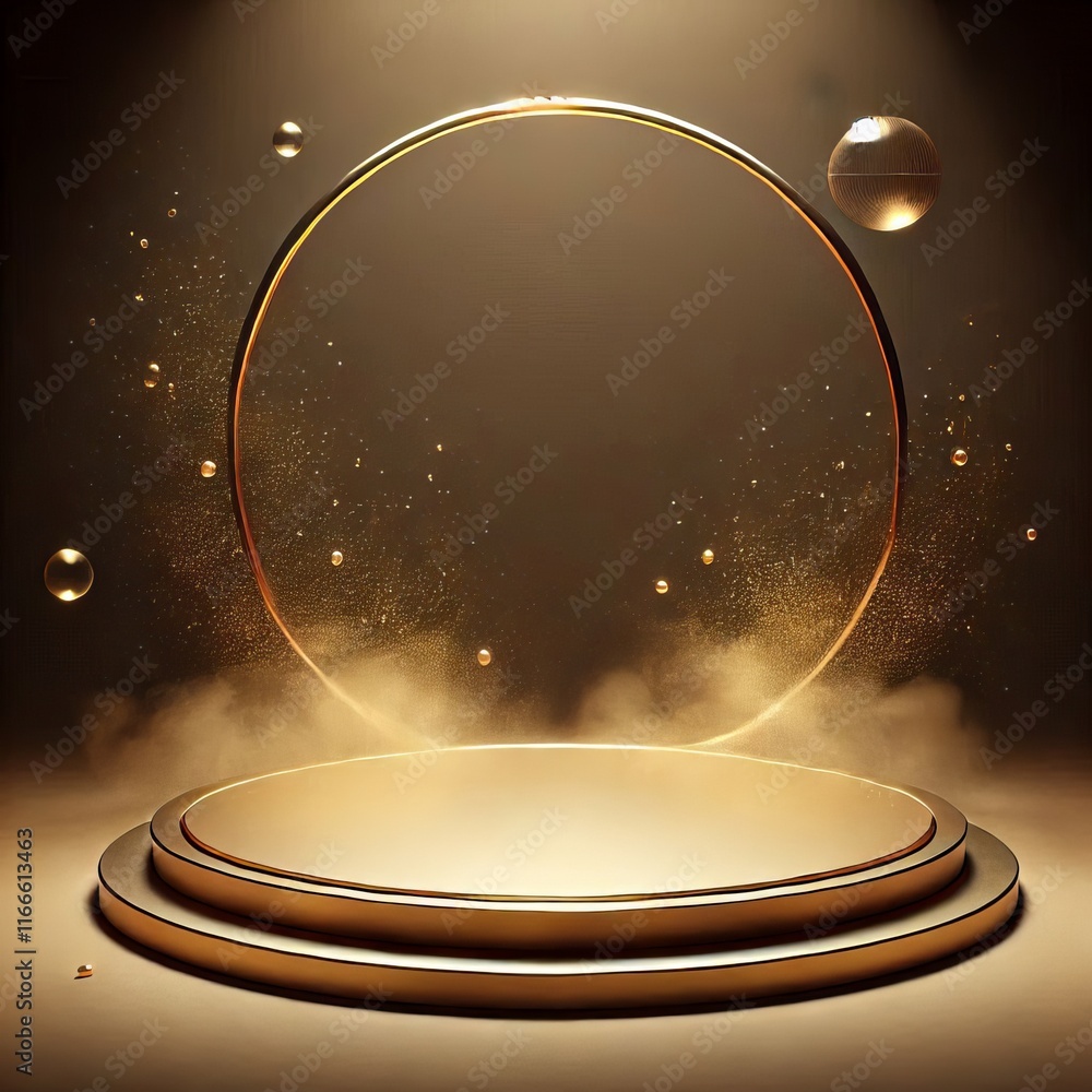 Poster golden 3d podium with round sphere on stage in a minimalist design with glossy patterns