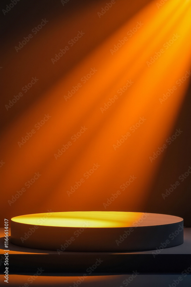 Poster illuminated round platform with warm light rays