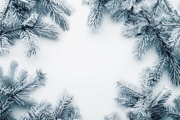 Fir branches on a white background with free space in the center of the composition. Winter layout.