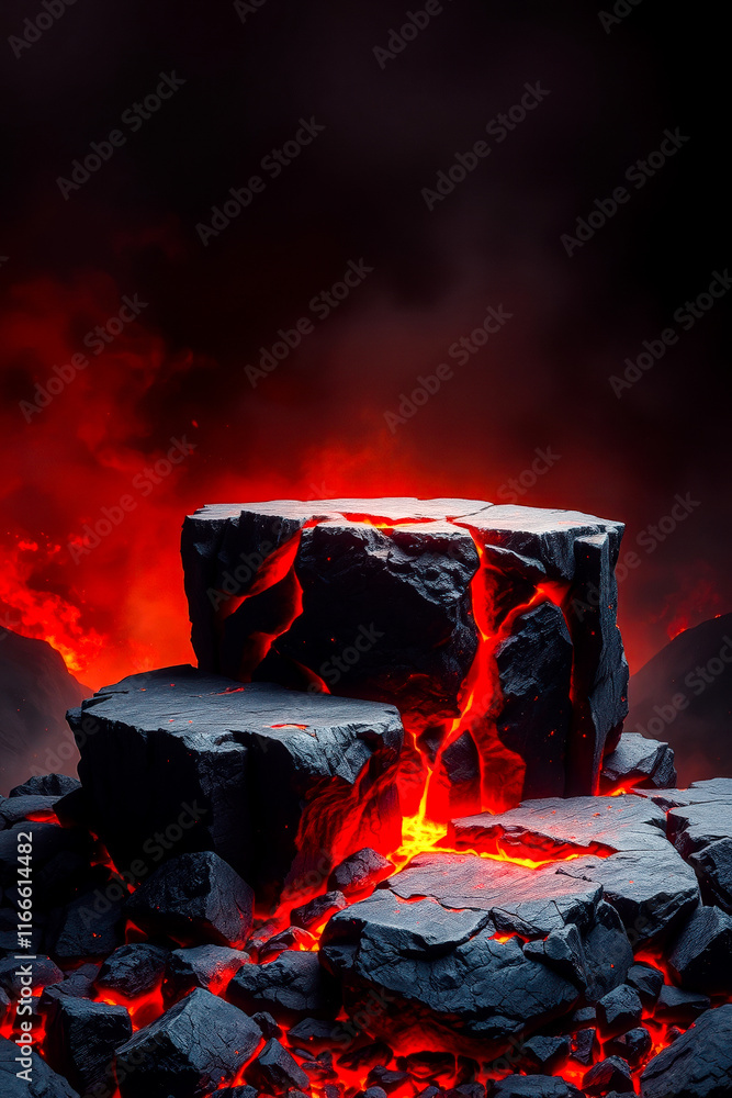 Poster magma flows between dark rocks a fiery scene
