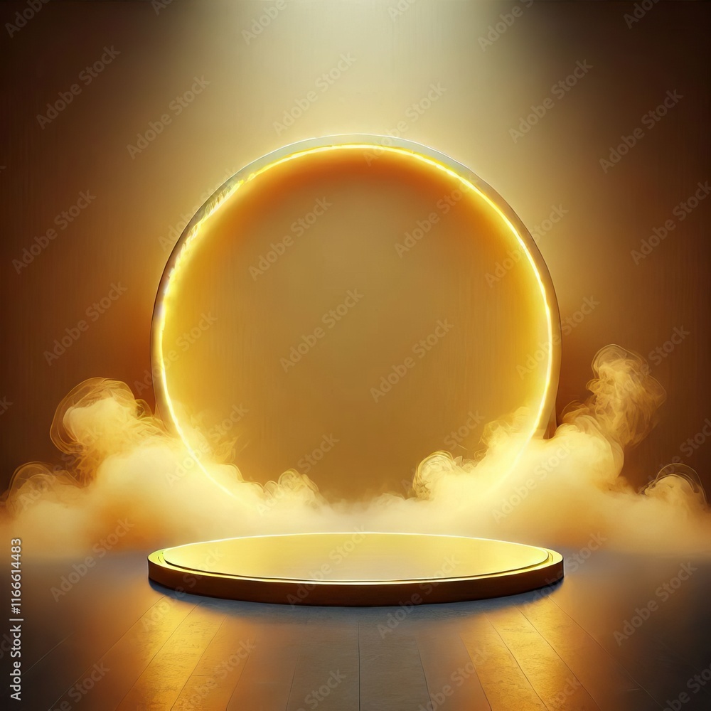 Poster golden 3d podium with round glass sphere on stage in a minimalist design with glossy patterns