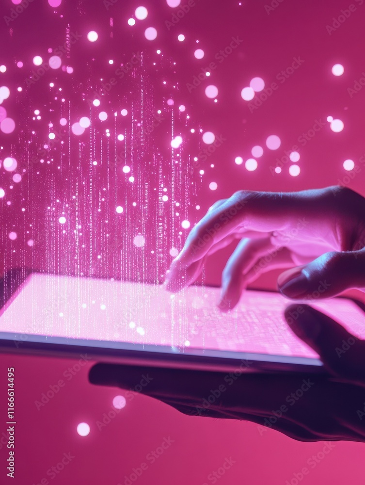 Poster close up of businessman hand using tablet with abstract coding and digital web hologram on pink back