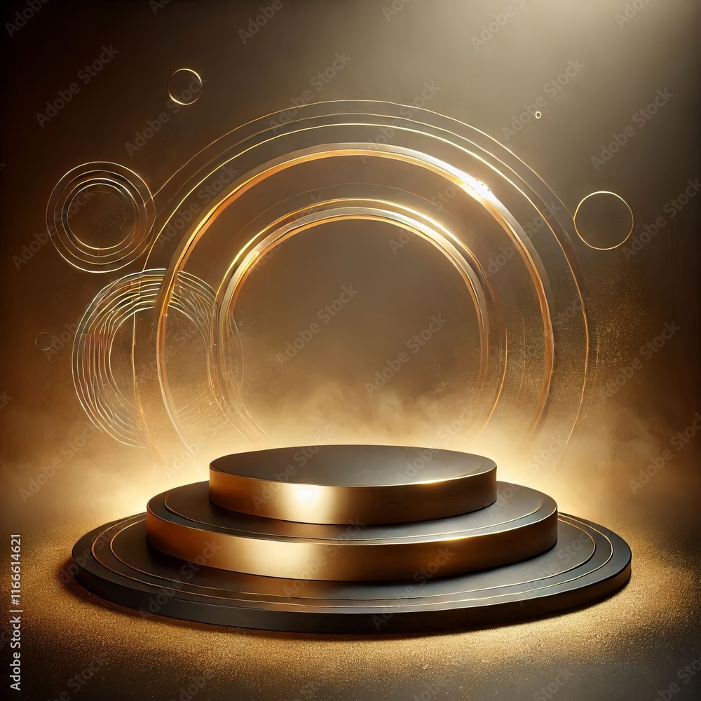 Poster golden 3d podium with round sphere on stage in a minimalist design with glossy patterns