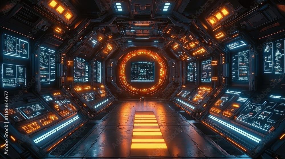 Poster futuristic corridor with glowing panels and a central circular interface.