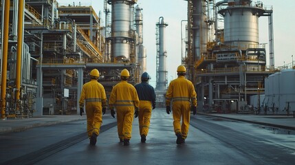 Group of Workers in Yellow Safety Gear at Petroleum Facility