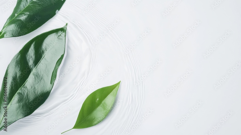 Poster tranquil green leaves on rippling water surface with soft light reflection