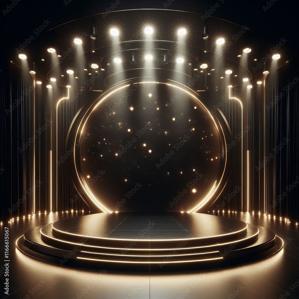 Poster golden 3d podium with round sphere on stage in a minimalist design with glossy patterns