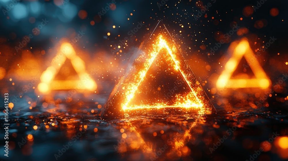 Poster glowing triangular shapes surrounded by a mystical atmosphere.