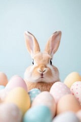 Adorable Bunny Amidst Colorful Easter Eggs in Sunlit Meadow