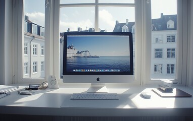 Fototapeta premium Modern bright home office workspace with computer, keyboard, mouse, and window view.